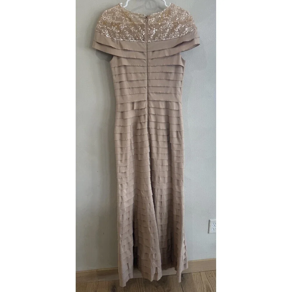Women's Tadashi Shoji Ruffled Maxi Long Cap Sleeve Gown Dress 8 Beige Tan Beads - Picture 3 of 5